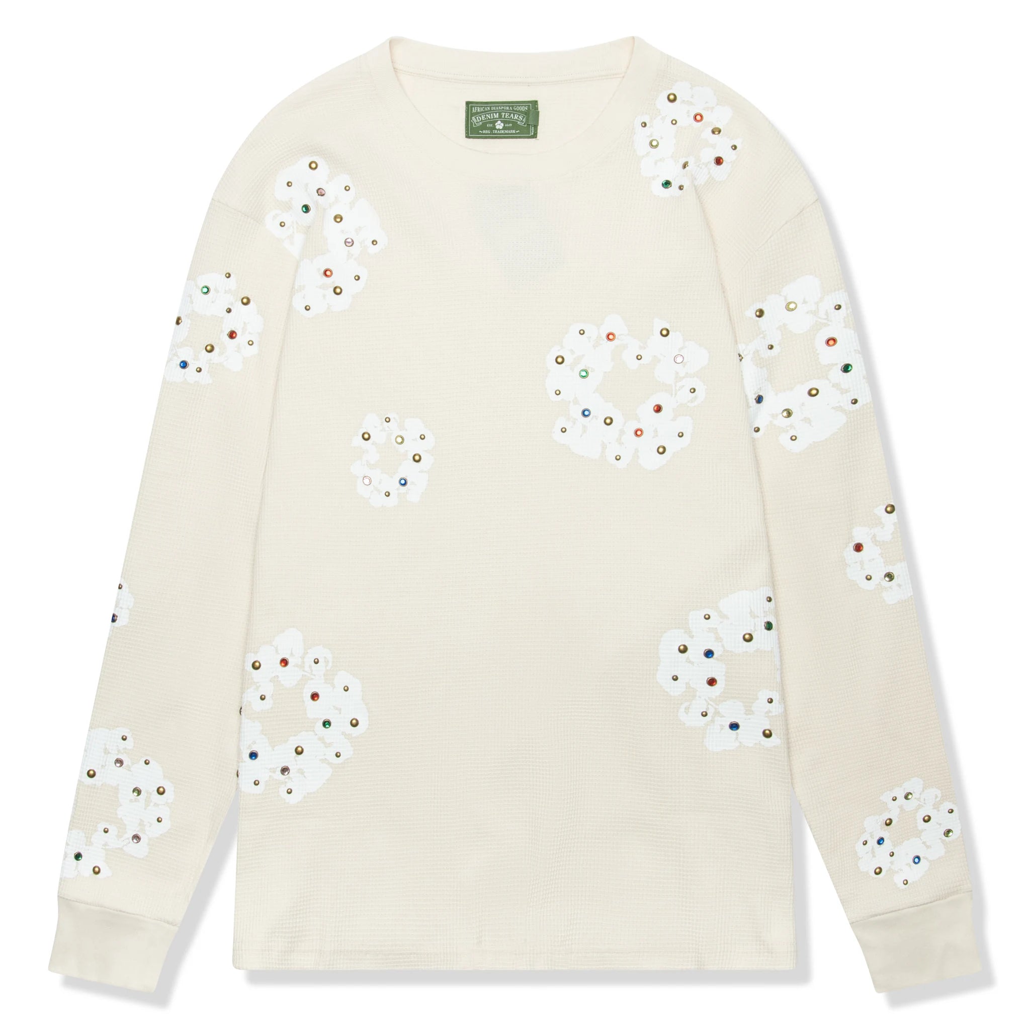 Front view of Denim Tears Rhinestone The Cotton Wreath Long-Sleeve Thermal Oatmeal T Shirt